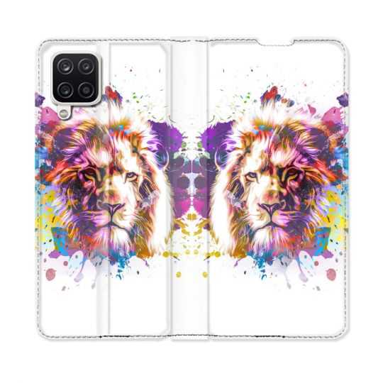 Housse Cuir Portefeuille Pour Samsung Galaxy A12 Animal Lion Tag