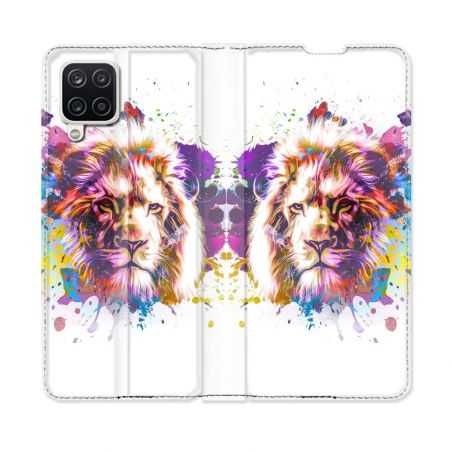 Housse Cuir Portefeuille Pour Samsung Galaxy A12 Animal Lion Tag