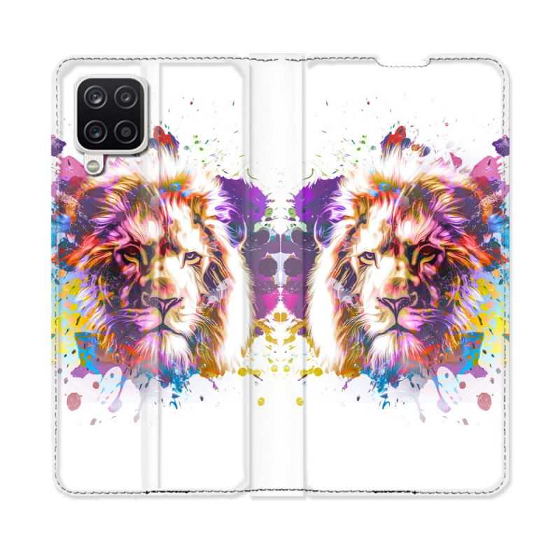 Housse Cuir Portefeuille Pour Samsung Galaxy A12 Animal Lion Tag