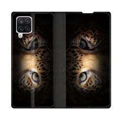 Housse Cuir Portefeuille Pour Samsung Galaxy A12 Animal Leopard Yeux