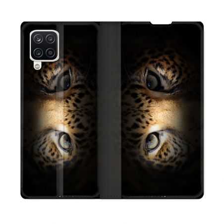 Housse Cuir Portefeuille Pour Samsung Galaxy A12 Animal Leopard Yeux