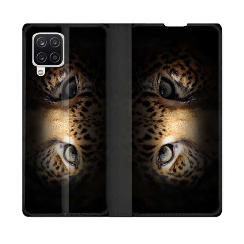 Housse Cuir Portefeuille Pour Samsung Galaxy A12 Animal Leopard Yeux