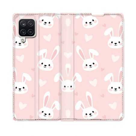 Housse Cuir Portefeuille Pour Samsung Galaxy A12 Animal Lapin Rose