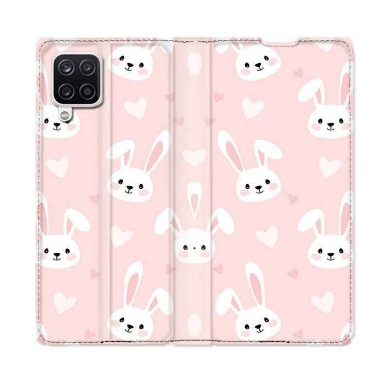 Housse Cuir Portefeuille Pour Samsung Galaxy A12 Animal Lapin Rose
