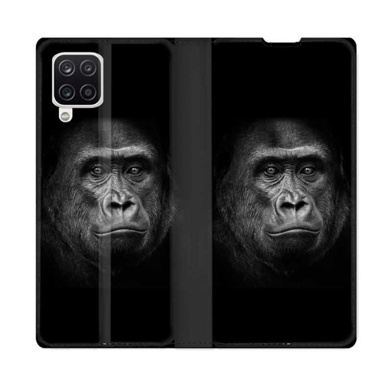 Housse Cuir Portefeuille Pour Samsung Galaxy A12 Animal Gorille Noir