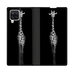 Housse Cuir Portefeuille Pour Samsung Galaxy A12 Animal Girafe Noire