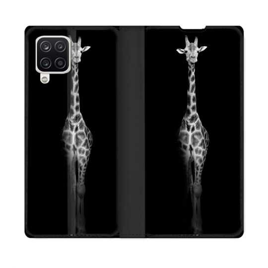 Housse Cuir Portefeuille Pour Samsung Galaxy A12 Animal Girafe Noire
