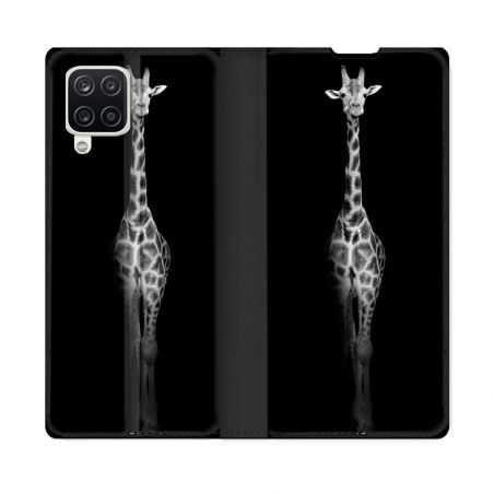 Housse Cuir Portefeuille Pour Samsung Galaxy A12 Animal Girafe Noire