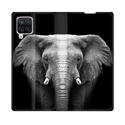 Housse Cuir Portefeuille Pour Samsung Galaxy A12 Animal Elephant Noir