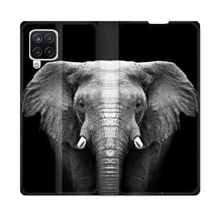 Housse Cuir Portefeuille Pour Samsung Galaxy A12 Animal Elephant Noir