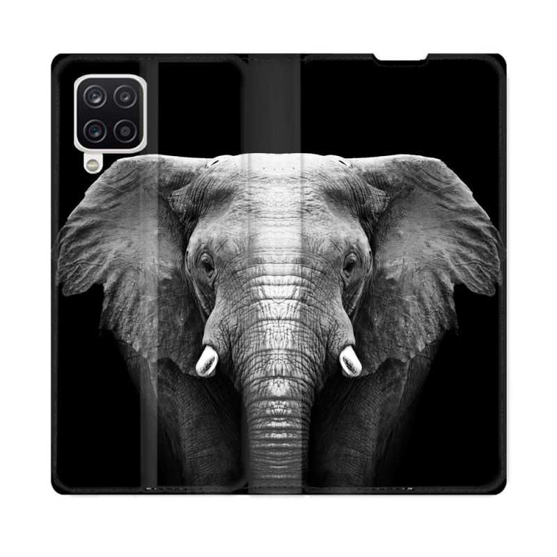 Housse Cuir Portefeuille Pour Samsung Galaxy A12 Animal Elephant Noir
