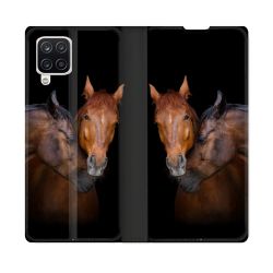 Housse Cuir Portefeuille Pour Samsung Galaxy A12 Animal Cheval Marron