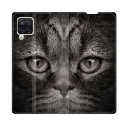 Housse Cuir Portefeuille Pour Samsung Galaxy A12 Animal Chat Gris
