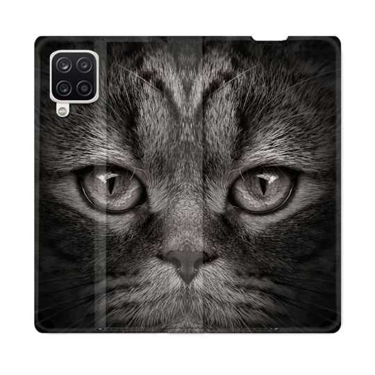 Housse Cuir Portefeuille Pour Samsung Galaxy A12 Animal Chat Gris