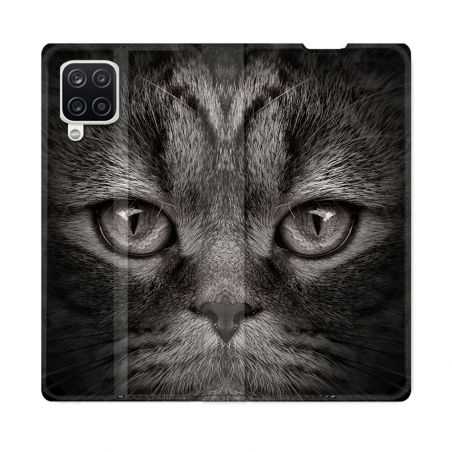 Housse Cuir Portefeuille Pour Samsung Galaxy A12 Animal Chat Gris