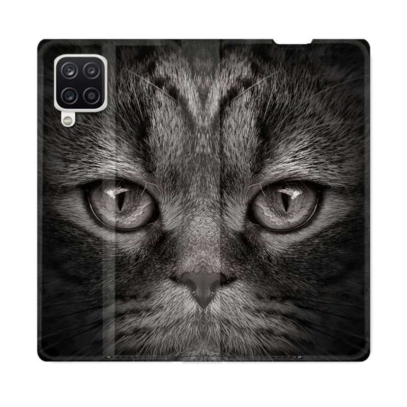 Housse Cuir Portefeuille Pour Samsung Galaxy A12 Animal Chat Gris