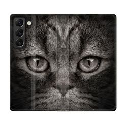 Housse Cuir Portefeuille Pour Samsung Galaxy S21 FE Animal Chat Gris