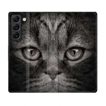 Housse Cuir Portefeuille Pour Samsung Galaxy S21 FE Animal Chat Gris