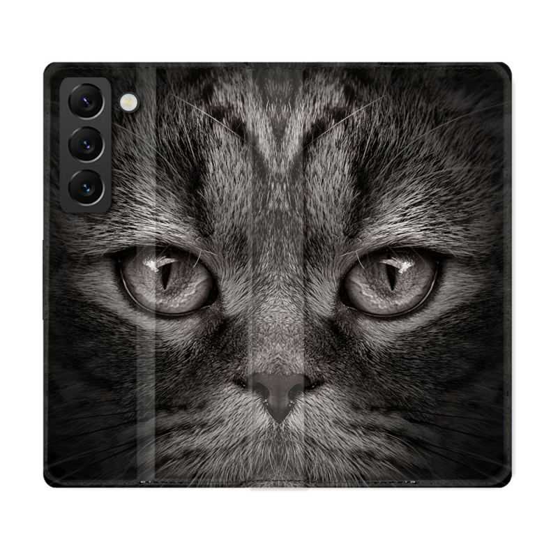 Housse Cuir Portefeuille Pour Samsung Galaxy S21 FE Animal Chat Gris