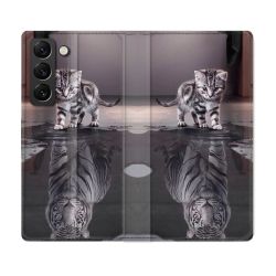 Housse Cuir Portefeuille Pour Samsung Galaxy S21 FE Animal Chat Reflet