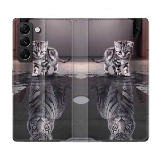 Housse Cuir Portefeuille Pour Samsung Galaxy S21 FE Animal Chat Reflet
