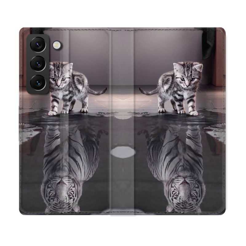 Housse Cuir Portefeuille Pour Samsung Galaxy S21 FE Animal Chat Reflet