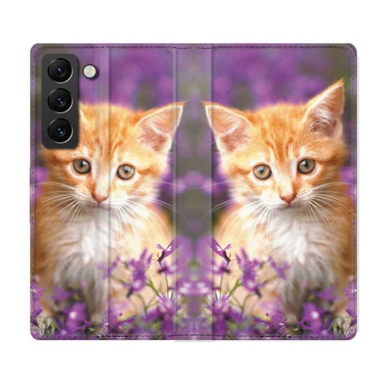 Housse Cuir Portefeuille Pour Samsung Galaxy S21 FE Animal Chat Violet