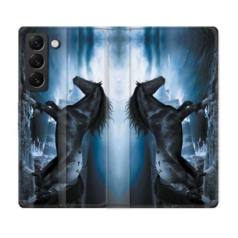 Housse Cuir Portefeuille Pour Samsung Galaxy S21 FE Animal Cheval Noir