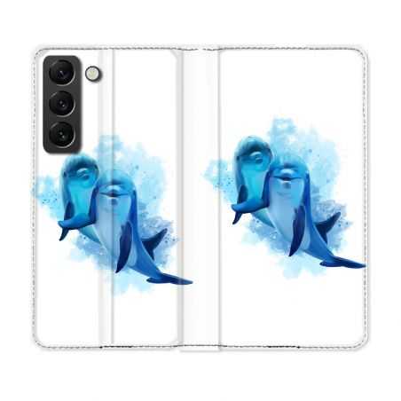 Housse Cuir Portefeuille Pour Samsung Galaxy S21 FE Animal Dauphin Duo