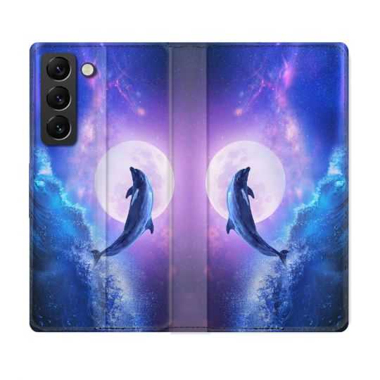 Housse Cuir Portefeuille Pour Samsung Galaxy S21 FE Animal Dauphin Vague