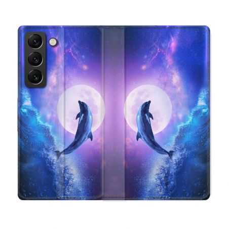 Housse Cuir Portefeuille Pour Samsung Galaxy S21 FE Animal Dauphin Vague