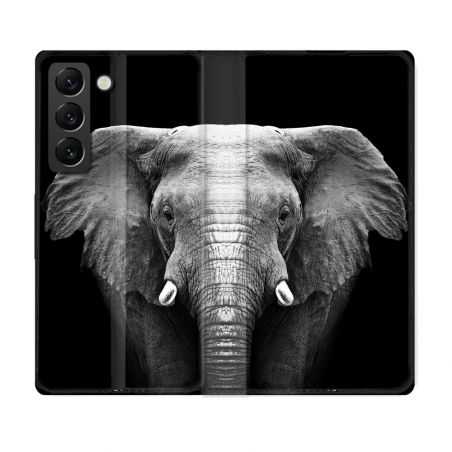 Housse Cuir Portefeuille Pour Samsung Galaxy S21 FE Animal Elephant Noir