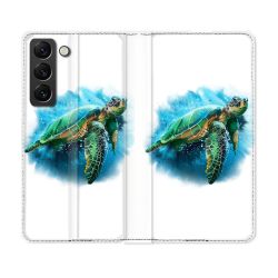Housse Cuir Portefeuille Pour Samsung Galaxy S21 FE Animal Tortue Blanche multicolore