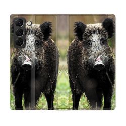 Housse Cuir Portefeuille Pour Samsung Galaxy S21 FE Chasse Sanglier bois