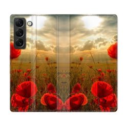 Housse Cuir Portefeuille Pour Samsung Galaxy S21 FE Fleur Coquelicot