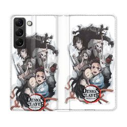 Housse Cuir Portefeuille Pour Samsung Galaxy S21 FE Manga Demon Slayer Blanc
