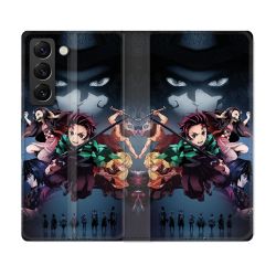 Housse Cuir Portefeuille Pour Samsung Galaxy S21 FE Manga Demon Slayer Noir