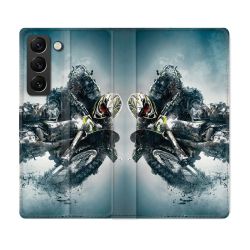 Housse Cuir Portefeuille Pour Samsung Galaxy S21 FE Moto Cross Ombre