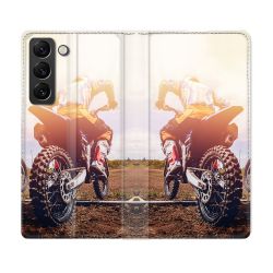 Housse Cuir Portefeuille Pour Samsung Galaxy S21 FE Moto Cross Soleil