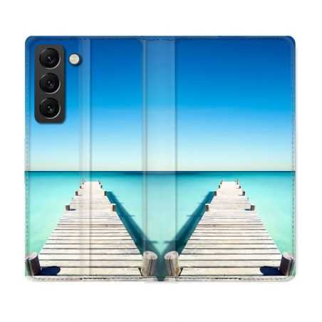 Housse Cuir Portefeuille Pour Samsung Galaxy S21 FE Nature Pont Mer
