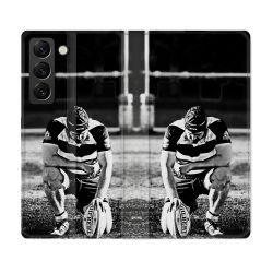 Housse Cuir Portefeuille Pour Samsung Galaxy S21 FE Sport Rugby Noir Blanc