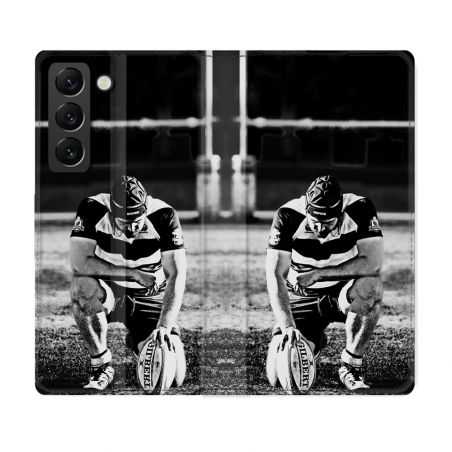 Housse Cuir Portefeuille Pour Samsung Galaxy S21 FE Sport Rugby Noir Blanc