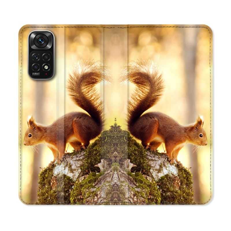 Housse Cuir Portefeuille Pour Xiaomi Redmi Note 11 / 11S Animal Ecureuil Bois