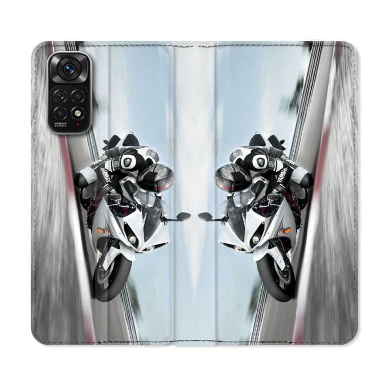 Housse Cuir Portefeuille Pour Xiaomi Redmi Note 11 / 11S Moto Course GP Blanche