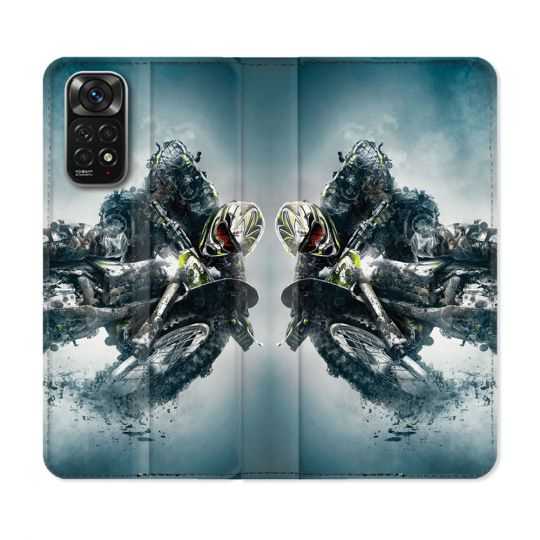 Housse Cuir Portefeuille Pour Xiaomi Redmi Note 11 / 11S Moto Cross Ombre