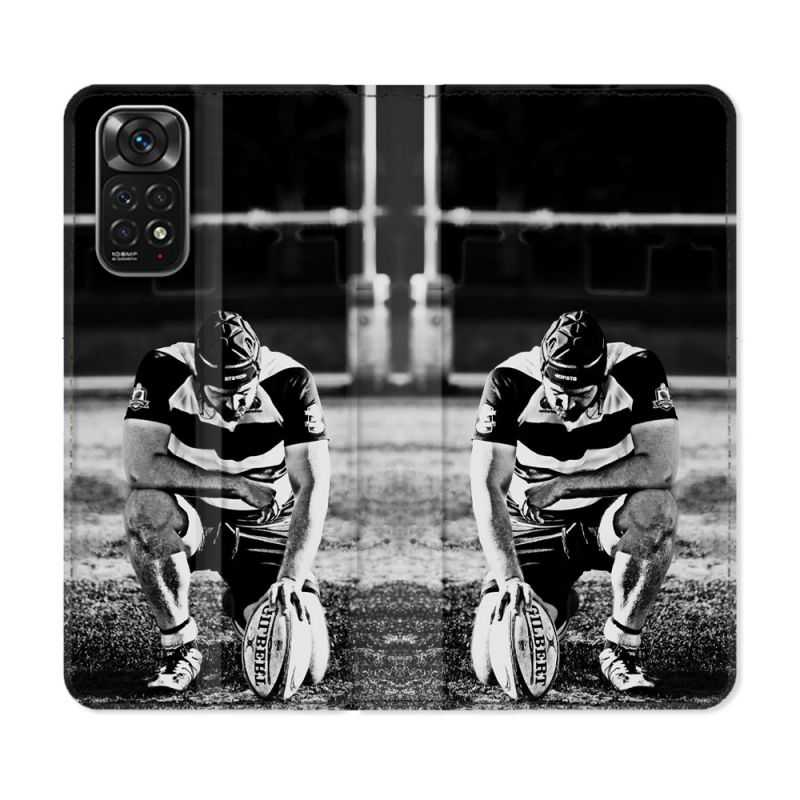 Housse Cuir Portefeuille Pour Xiaomi Redmi Note 11 / 11S Sport Rugby Noir Blanc