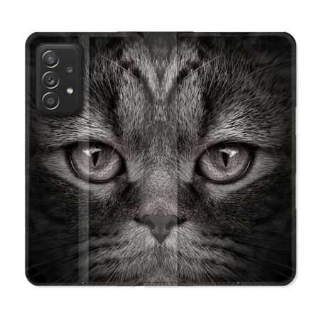Housse Cuir Portefeuille Pour Samsung Galaxy A52 / A52S Animal Chat Gris