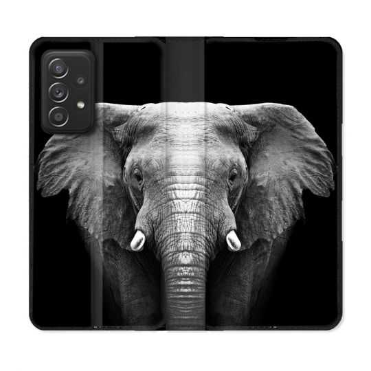 Housse Cuir Portefeuille Pour Samsung Galaxy A52 / A52S Animal Elephant Noir