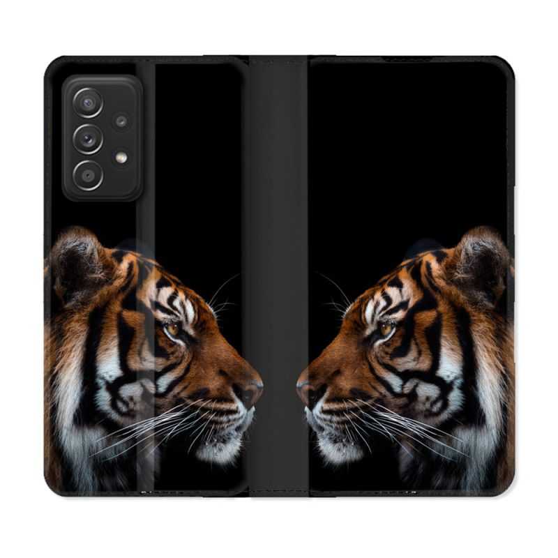 Housse Cuir Portefeuille Pour Samsung Galaxy A52 / A52S Animal Tigre Noir