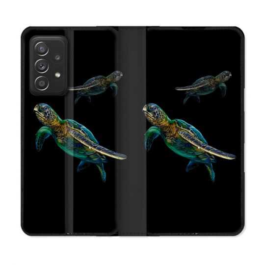 Housse Cuir Portefeuille Pour Samsung Galaxy A52 / A52S Animal Tortue Noire multicolore